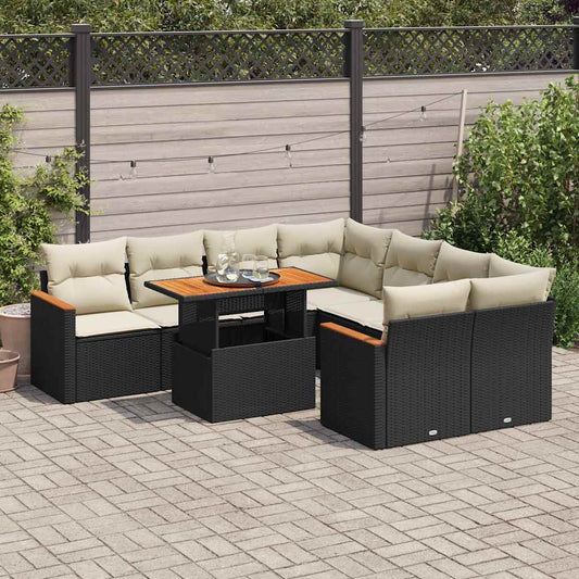 9-piece cushion garden furniture set, black polyrattan/acacia wood