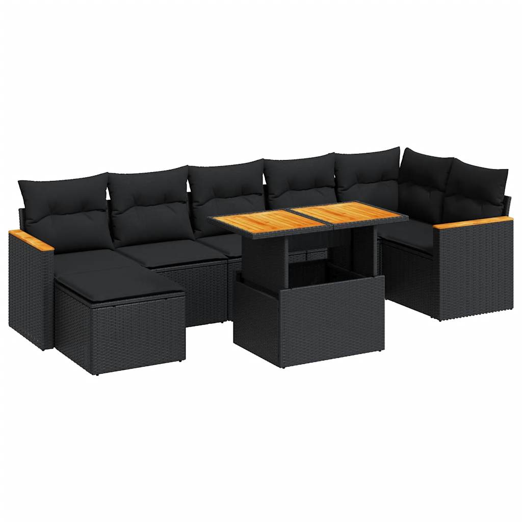 8-piece cushion garden furniture set black, polyrattan/acacia wood