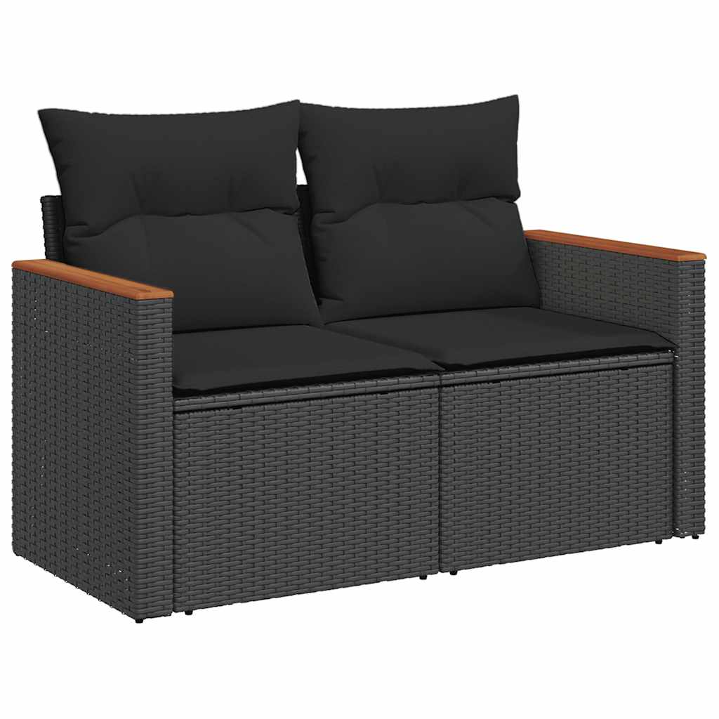 Set mobilier grădină perne 8 piese negru, poliratan/lemn acacia