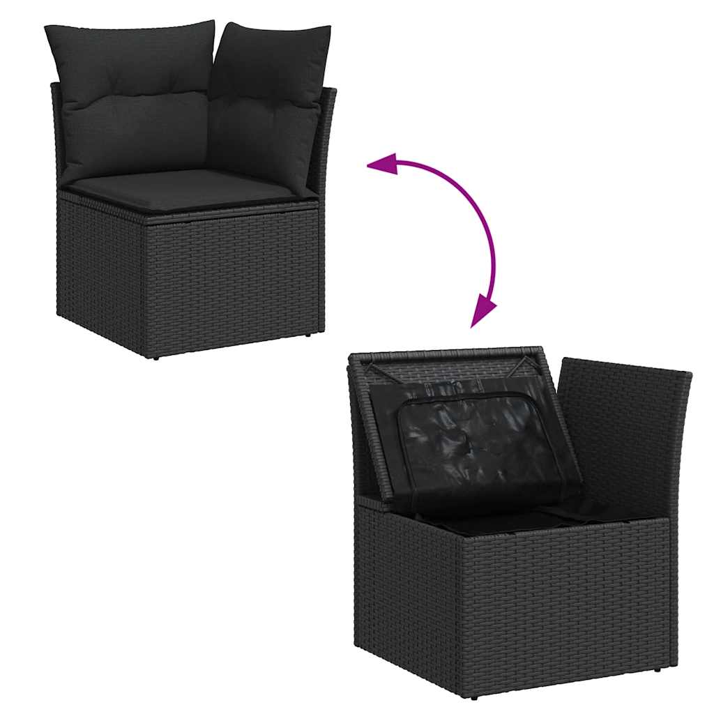 Set mobilier grădină perne 8 piese negru, poliratan/lemn acacia