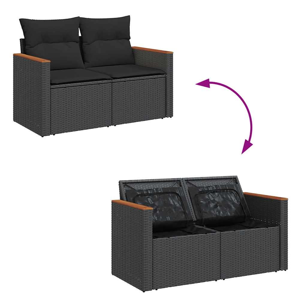 Set mobilier grădină perne 8 piese negru, poliratan/lemn acacia