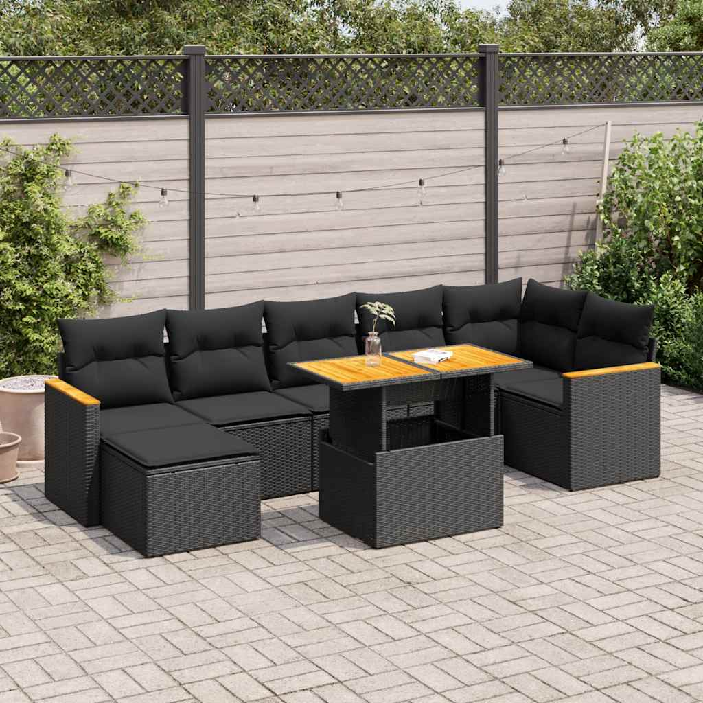 8-piece cushion garden furniture set black, polyrattan/acacia wood