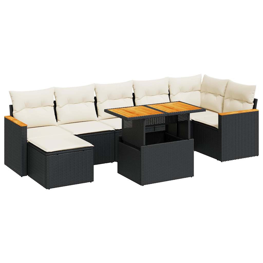 Set mobilier grădină perne 8 piese negru, poliratan/lemn acacia