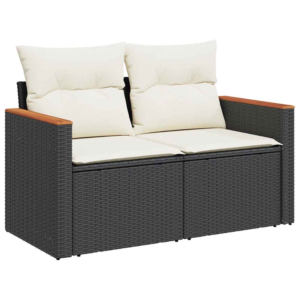 Set mobilier grădină perne 8 piese negru, poliratan/lemn acacia