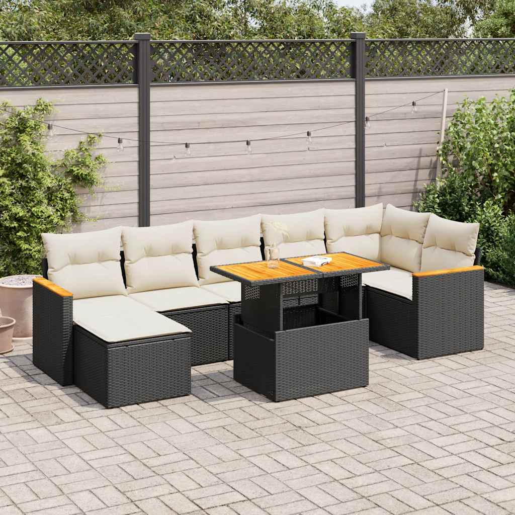 8-piece cushion garden furniture set black, polyrattan/acacia wood