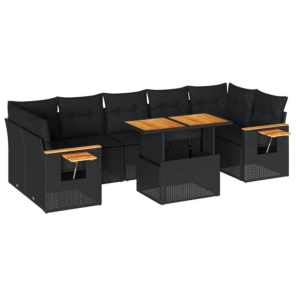 Set mobilier grădină perne 8 piese negru, poliratan/lemn acacia