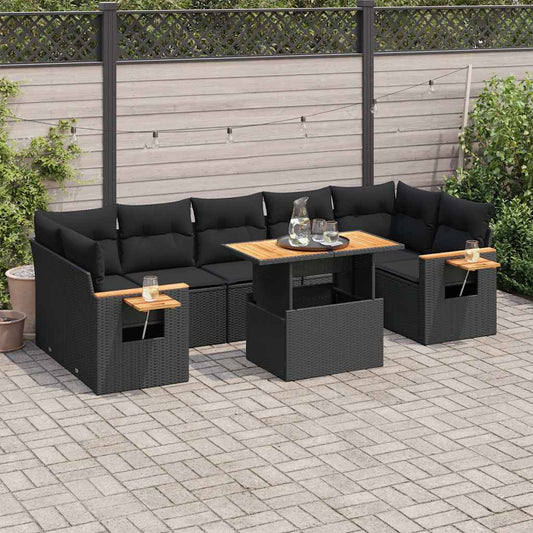 8-piece cushion garden furniture set black, polyrattan/acacia wood