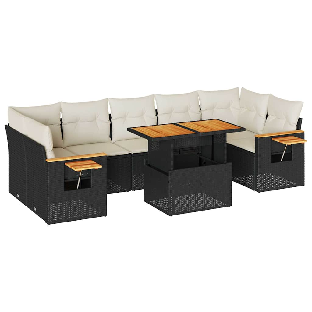 Set mobilier grădină perne 8 piese negru, poliratan/lemn acacia