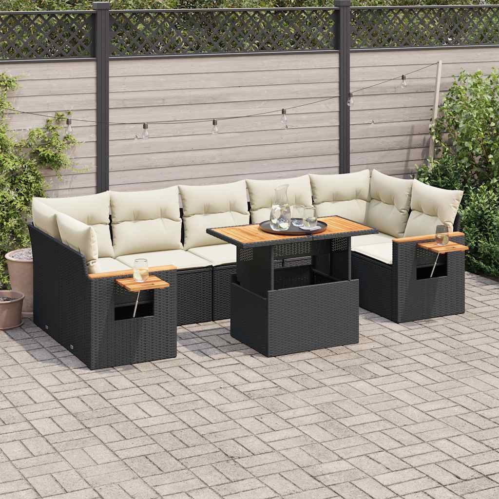 Set mobilier grădină perne 8 piese negru, poliratan/lemn acacia