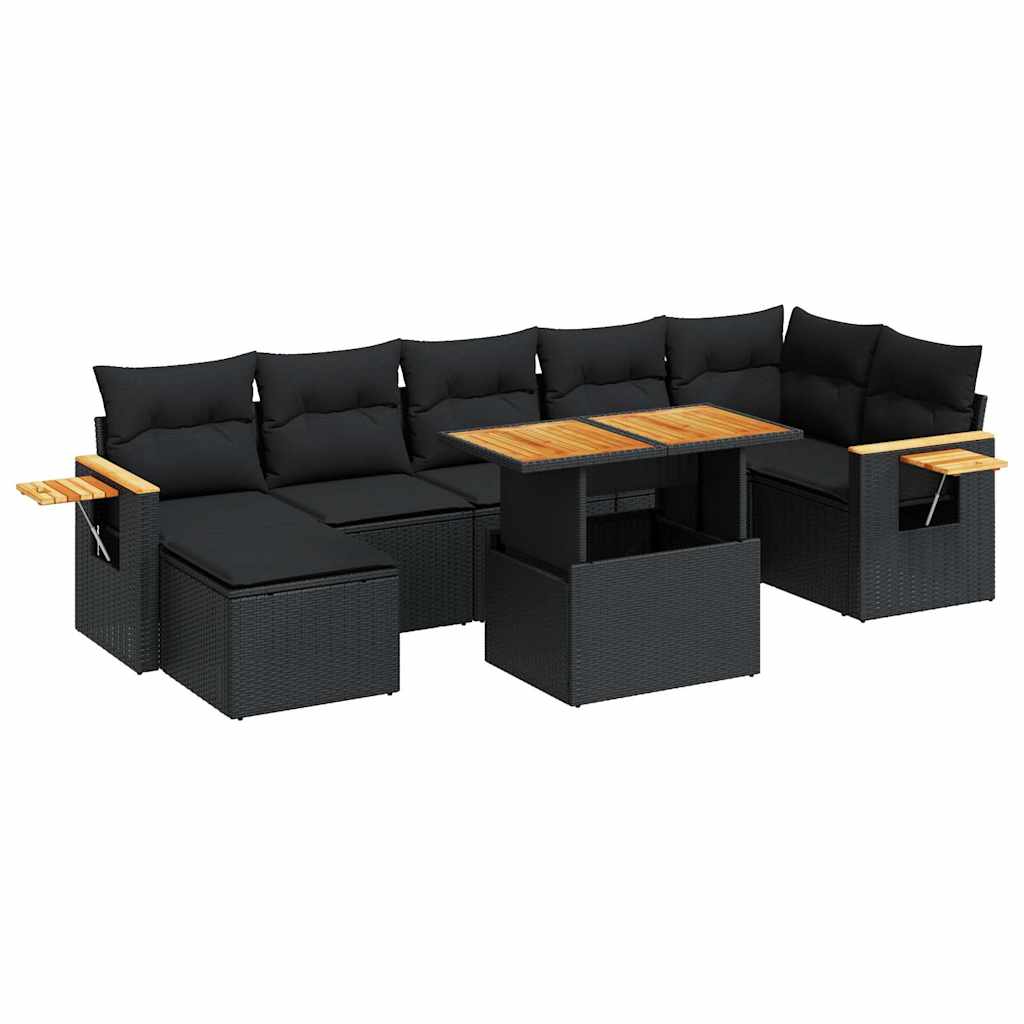 Set mobilier grădină perne 8 piese negru, poliratan/lemn acacia