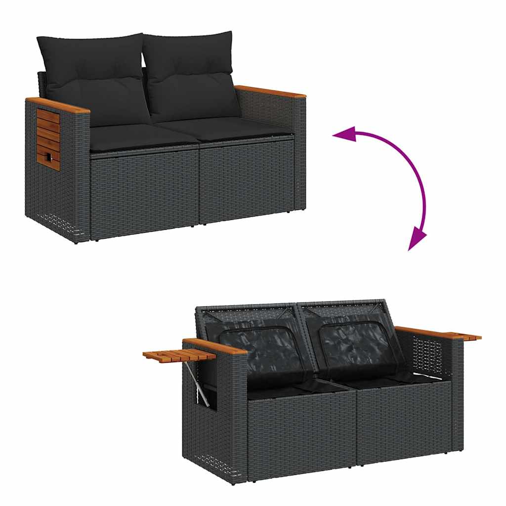 Set mobilier grădină perne 8 piese negru, poliratan/lemn acacia