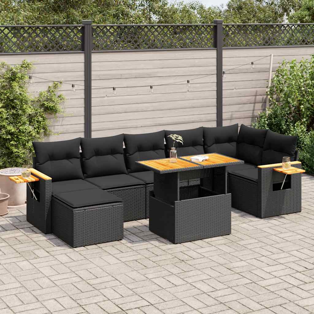 8-piece cushion garden furniture set black, polyrattan/acacia wood