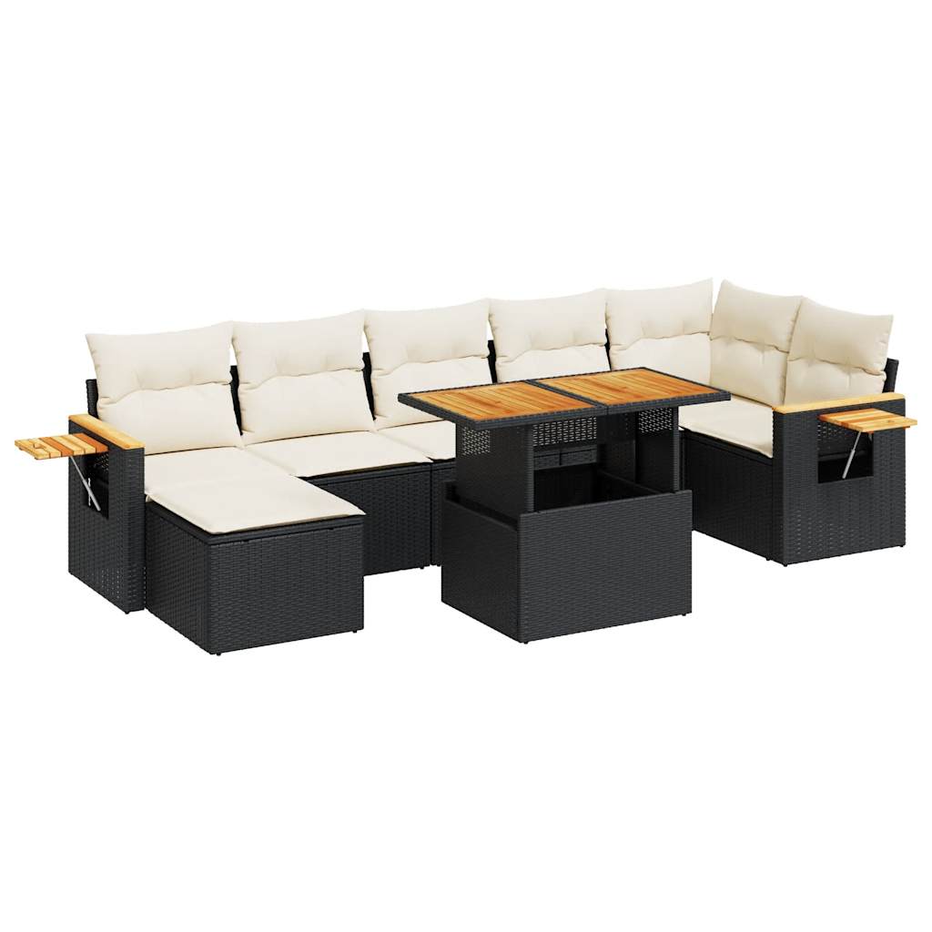 Set mobilier grădină perne 8 piese negru, poliratan/lemn acacia