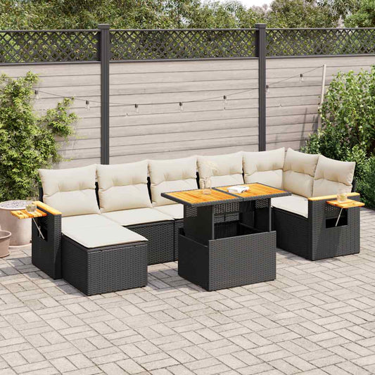 8-piece cushion garden furniture set black, polyrattan/acacia wood