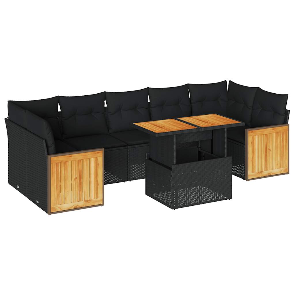 8-piece cushion garden furniture set black, polyrattan/acacia wood