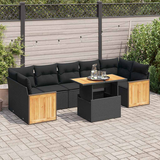 8-piece cushion garden furniture set black, polyrattan/acacia wood