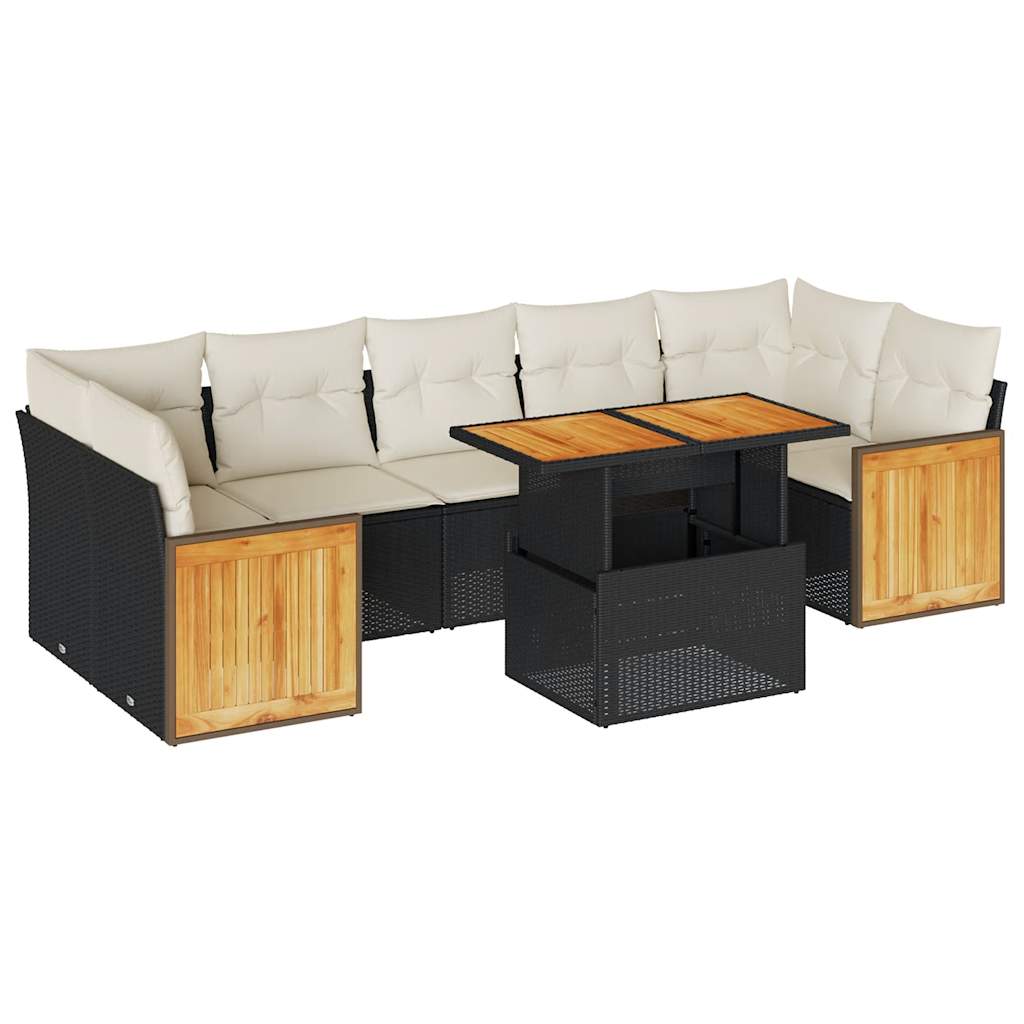 8-piece cushion garden furniture set black, polyrattan/acacia wood