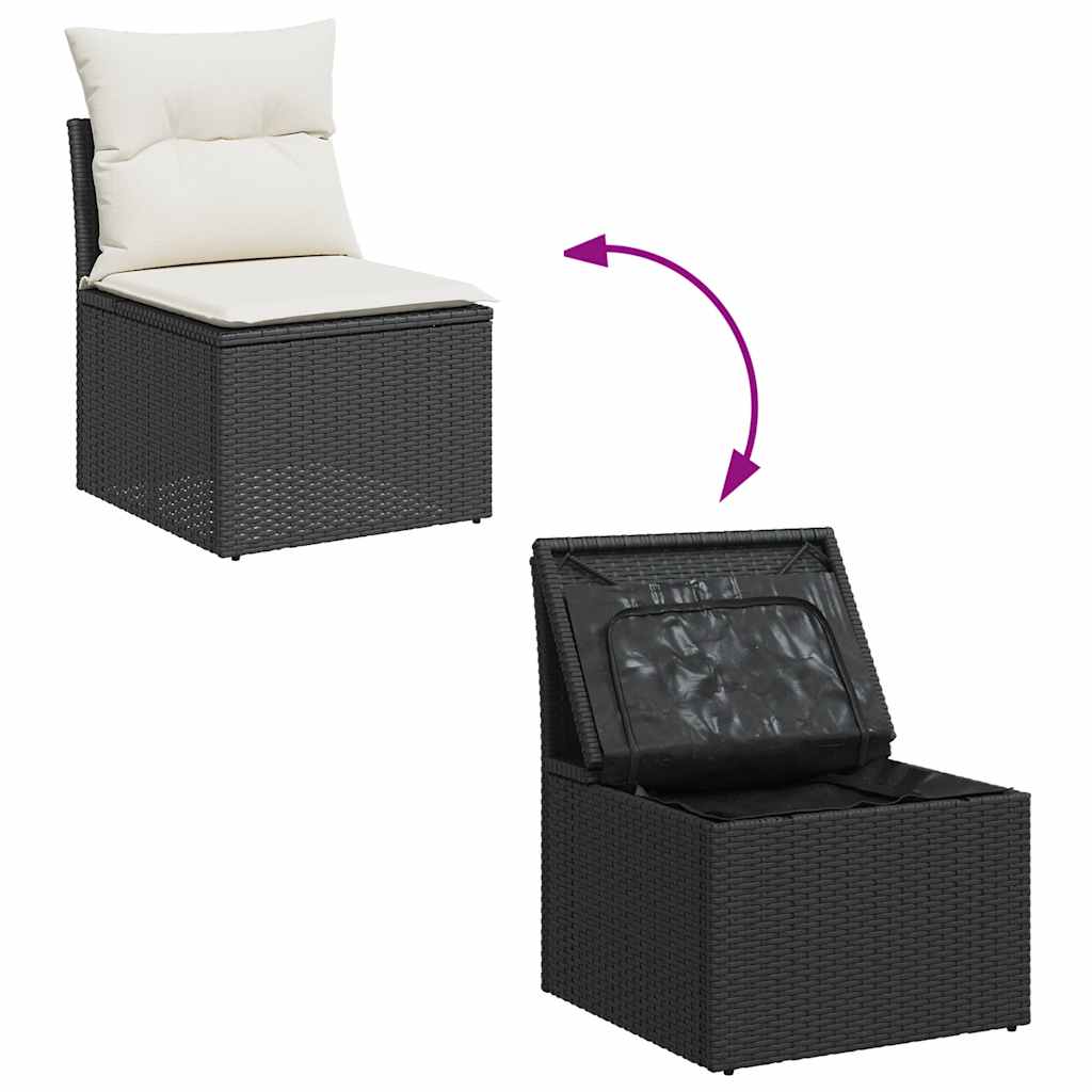 Set mobilier grădină perne 8 piese negru, poliratan/lemn acacia