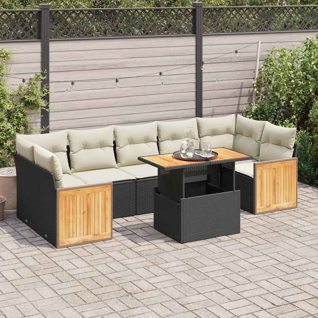 8-piece cushion garden furniture set black, polyrattan/acacia wood