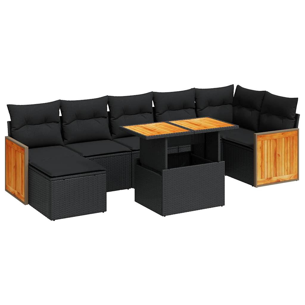 Set mobilier grădină perne 8 piese negru, poliratan/lemn acacia