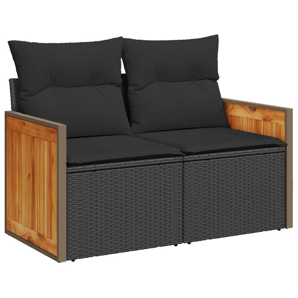 Set mobilier grădină perne 8 piese negru, poliratan/lemn acacia