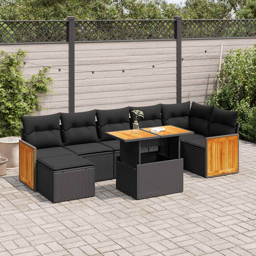 Set mobilier grădină perne 8 piese negru, poliratan/lemn acacia