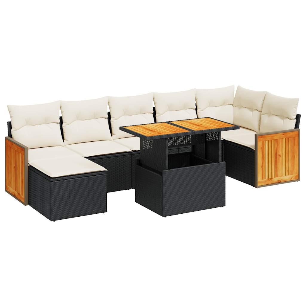 Set mobilier grădină perne 8 piese negru, poliratan/lemn acacia