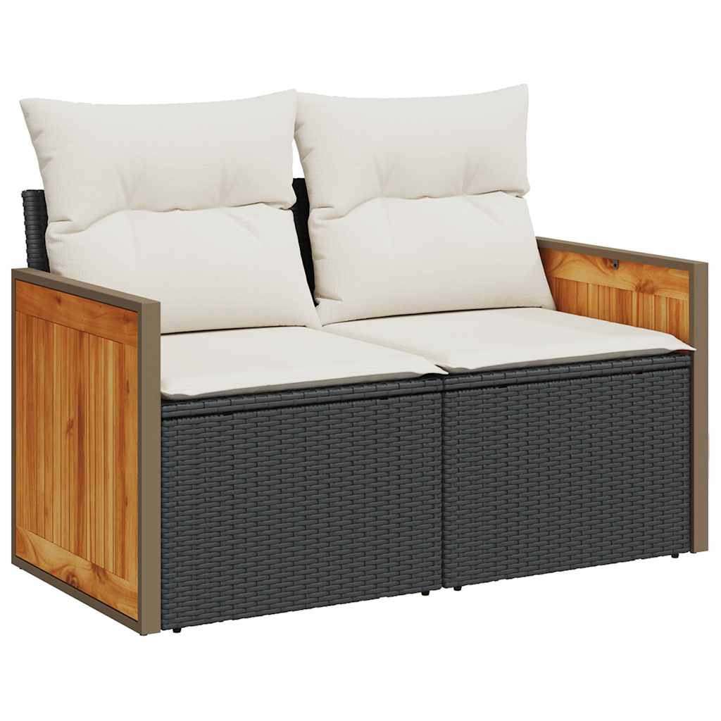 Set mobilier grădină perne 8 piese negru, poliratan/lemn acacia