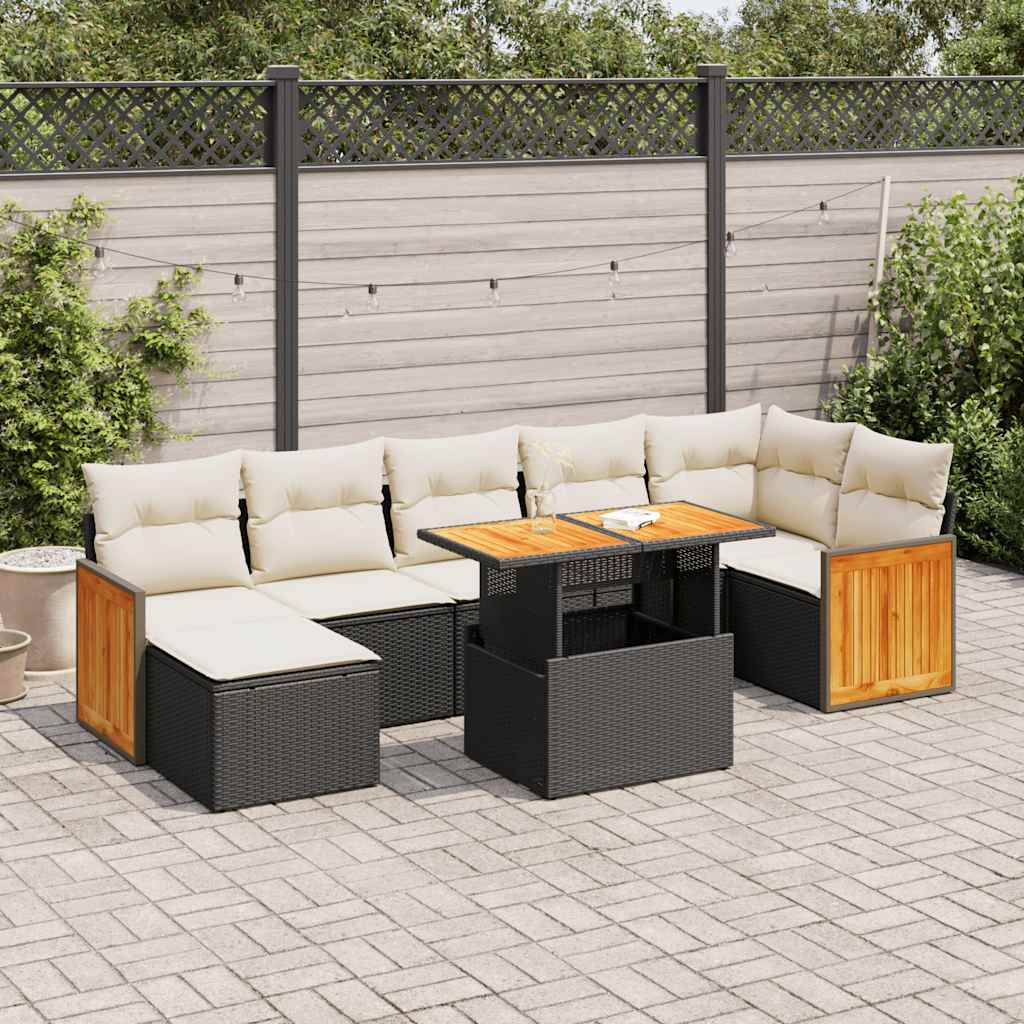 Set mobilier grădină perne 8 piese negru, poliratan/lemn acacia