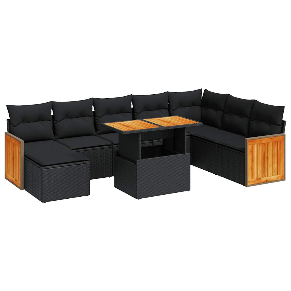 Set mobilier grădină perne 9 piese negru poliratan/lemn acacia