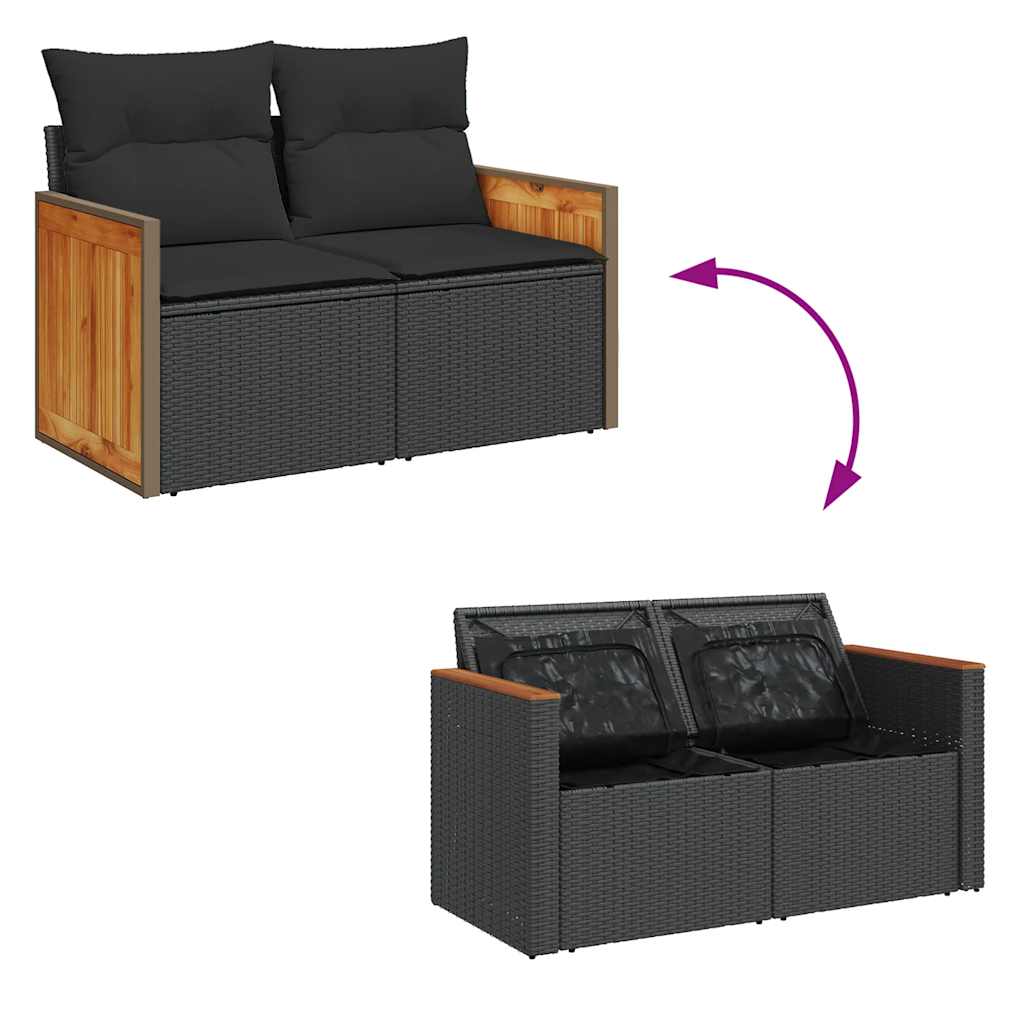 Set mobilier grădină perne 9 piese negru poliratan/lemn acacia