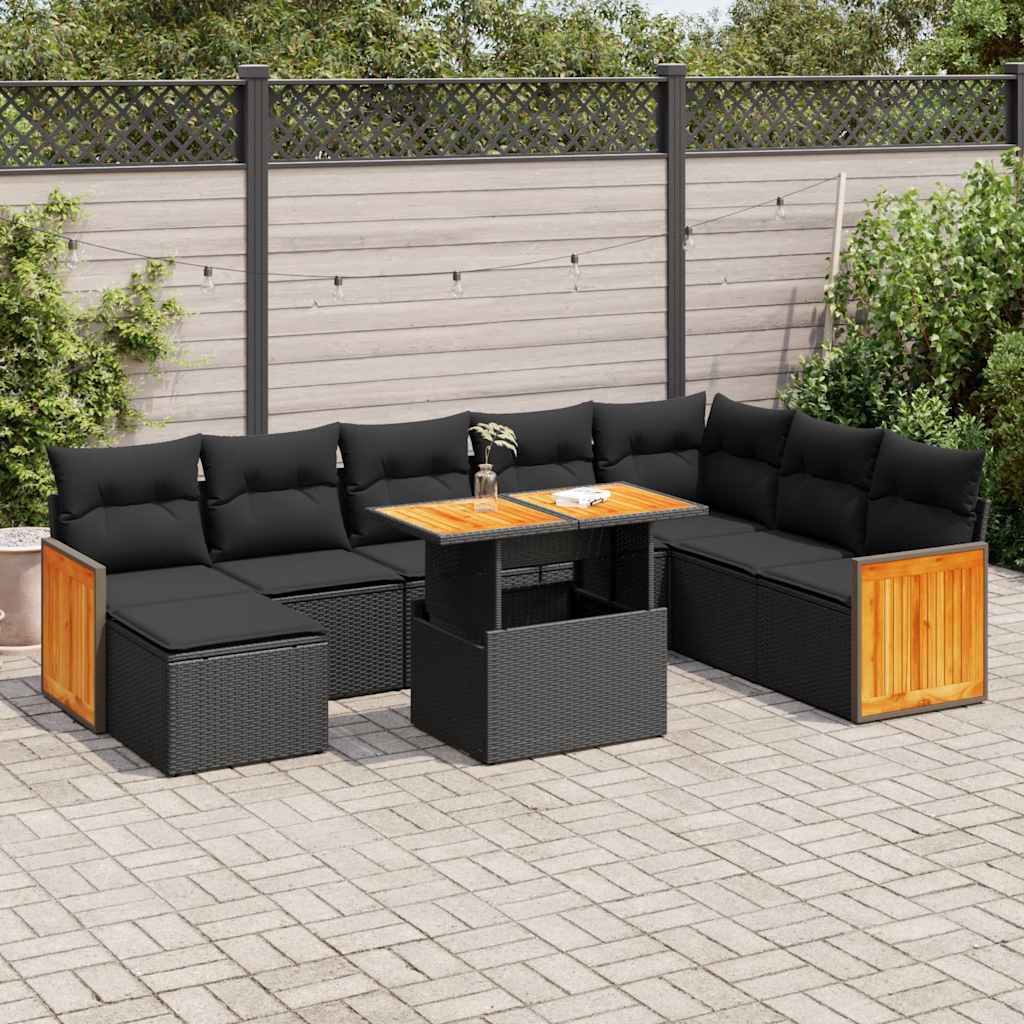 9-piece cushion garden furniture set, black polyrattan/acacia wood