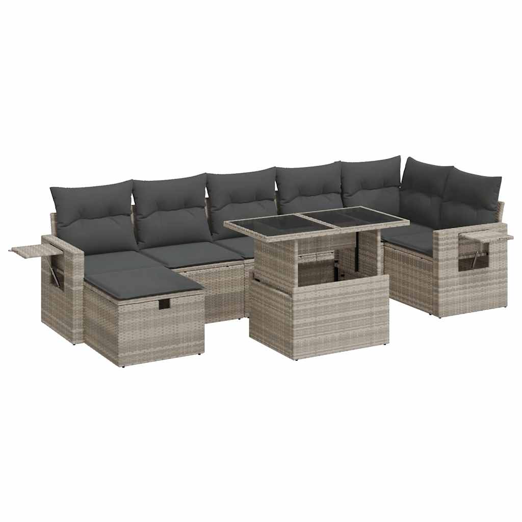 Garden furniture set with cushions, 8 pieces, light grey, polyrattan