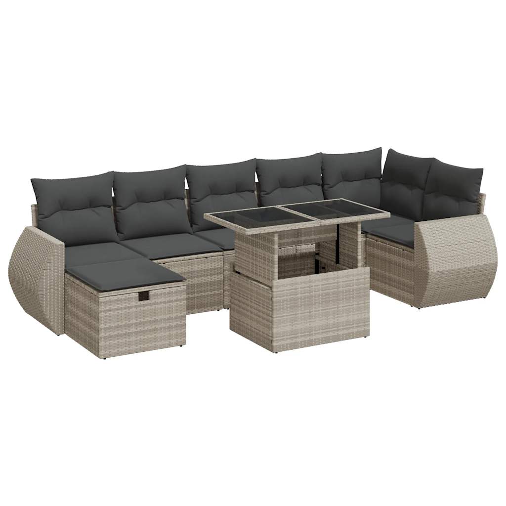 Garden furniture set with cushions, 8 pieces, light grey, polyrattan