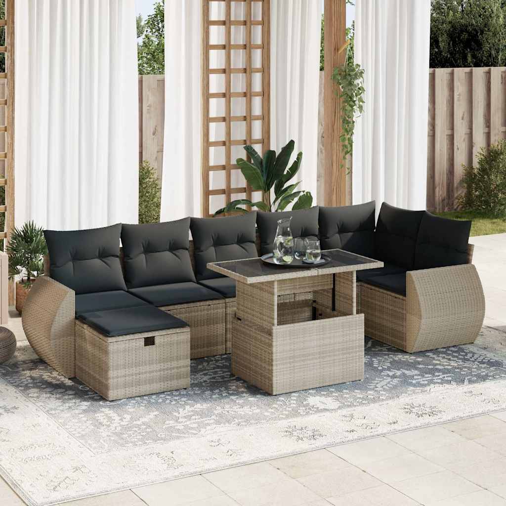 Garden furniture set with cushions, 8 pieces, light grey, polyrattan