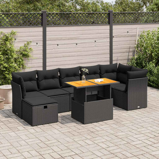 8-piece cushion garden furniture set black, polyrattan/acacia wood