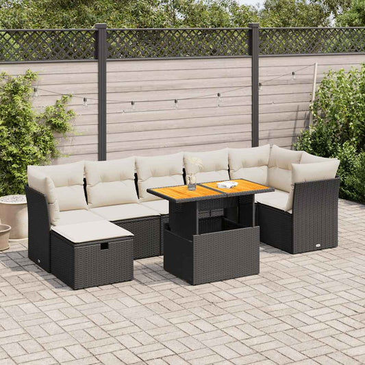 8-piece cushion garden furniture set black, polyrattan/acacia wood