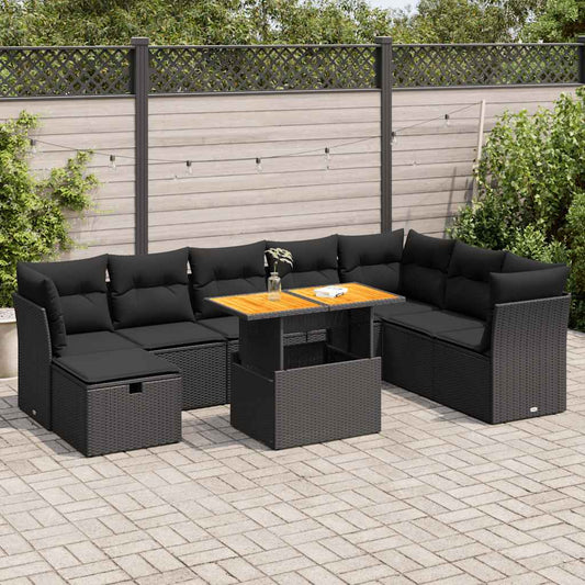 9-piece cushion garden furniture set, black polyrattan/acacia wood