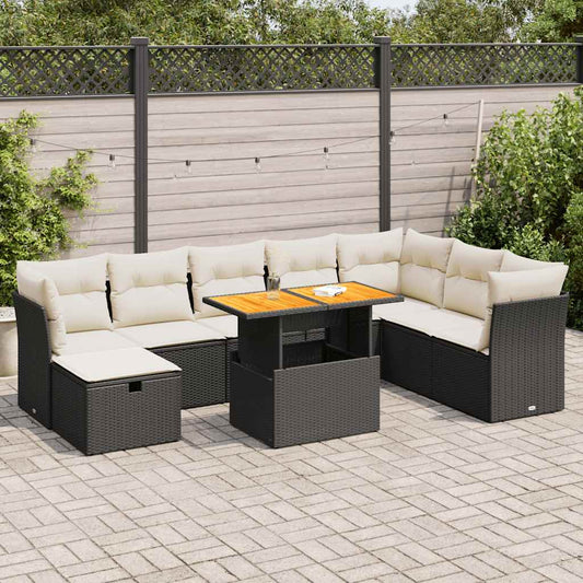 9-piece cushion garden furniture set, black polyrattan/acacia wood