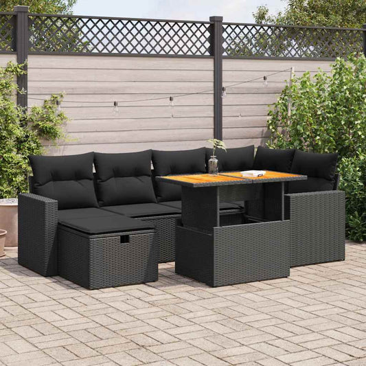 8-piece cushion garden furniture set black, polyrattan/acacia wood