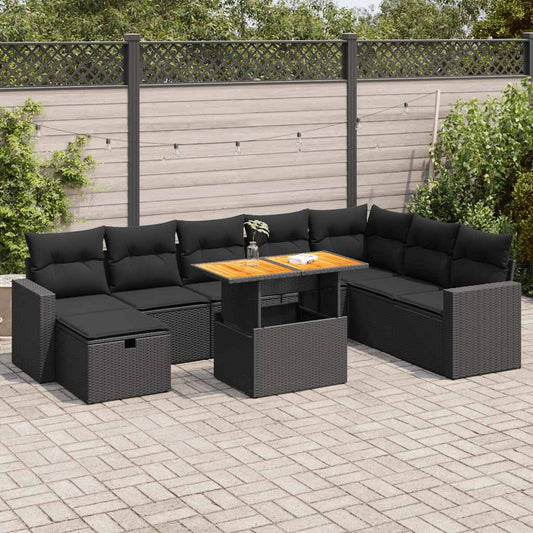 9-piece cushion garden furniture set, black polyrattan/acacia wood