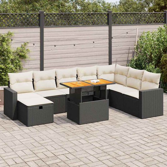 9-piece cushion garden furniture set, black polyrattan/acacia wood