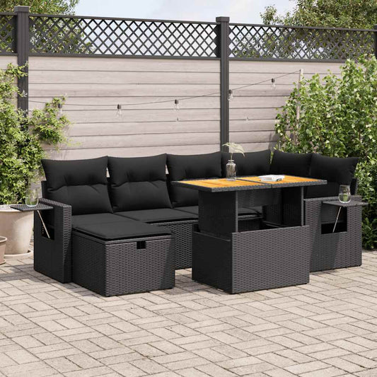 8-piece cushion garden furniture set black, polyrattan/acacia wood