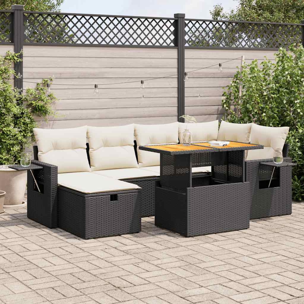 8-piece cushion garden furniture set black, polyrattan/acacia wood