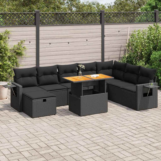 9-piece cushion garden furniture set, black polyrattan/acacia wood