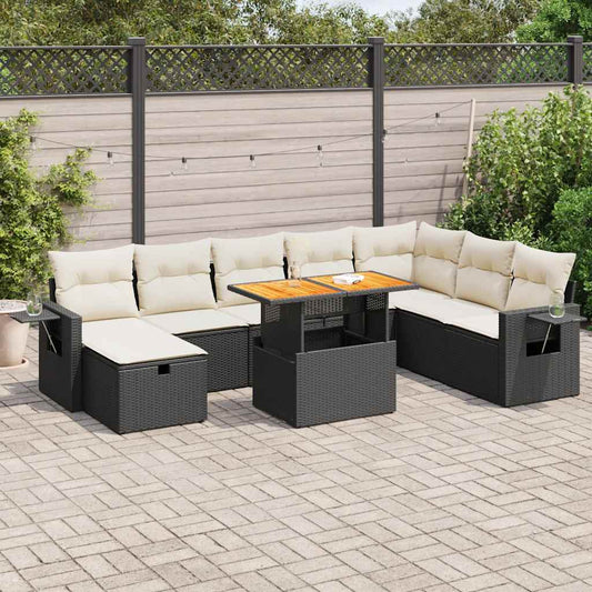 9-piece cushion garden furniture set, black polyrattan/acacia wood