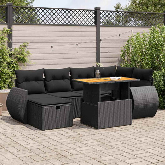 8-piece cushion garden furniture set black, polyrattan/acacia wood