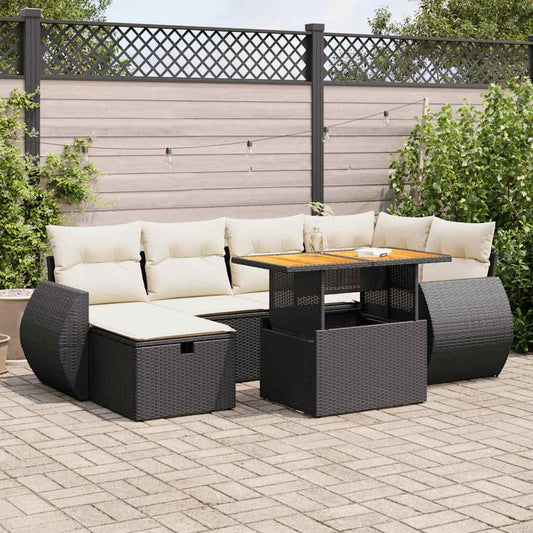 8-piece cushion garden furniture set black, polyrattan/acacia wood