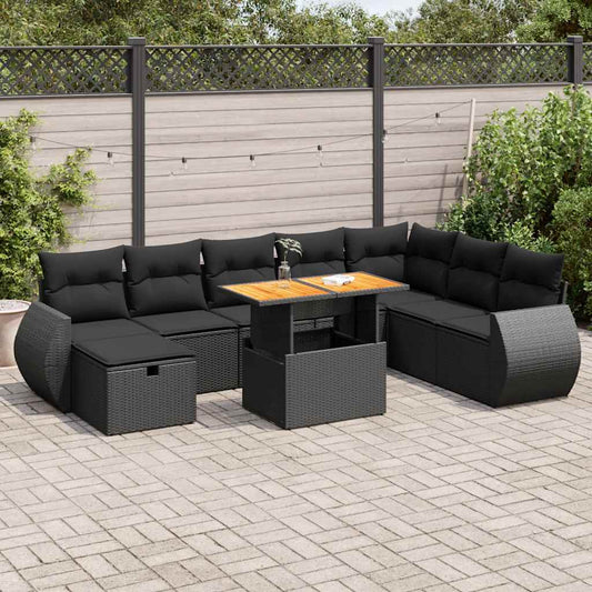 9-piece cushion garden furniture set, black polyrattan/acacia wood