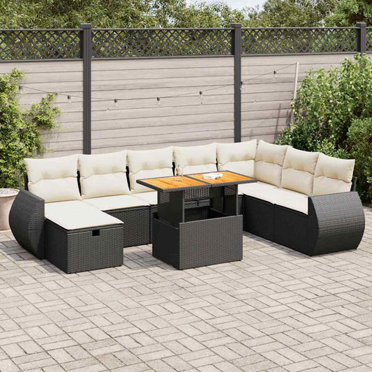 9-piece cushion garden furniture set, black polyrattan/acacia wood